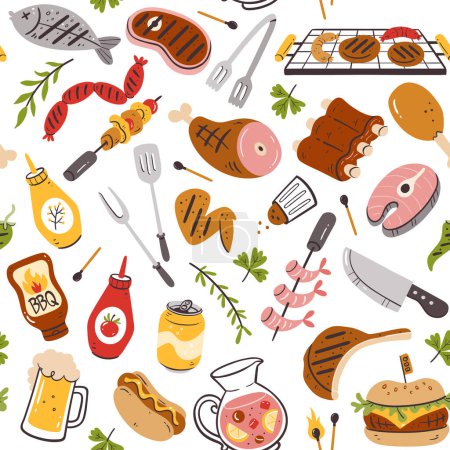 Barbecue partie motif sans couture avec viande, hamburgers, saucisses et ustensiles de barbecue. Eléments isolés sur fond blanc. Illustration vectorielle dessinée à la main.