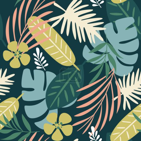 Illustration for Palm leaves and ibiscus flowers seamless pattern. Cute green tropical repeat pattern. Square design. Vector illustration. - Royalty Free Image