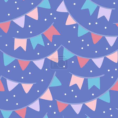 Illustration for Party flag garland seamless pattern. Repeat pattern with colorful triangle flag garlands on purple backgroud. Vector illustration. - Royalty Free Image