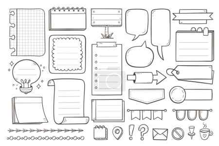 Doodle elements for planners. Hand drawn notes, decorative borders, speechbubbles, hang tags, text dividers and cute icons, perfect for use them as stickers in notebooks, diaries and digital planners. 30 items. Vector illustration outline drawing.