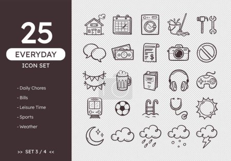 Illustration for Everyday icon set. Hand-drawn daily life icons, perfect for calendars and diary. Doodle style. Daily chores, bills, hobbies, weather forecast... 25 icons. Set 3 of 4. - Royalty Free Image