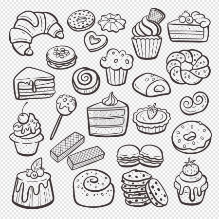 Dessertprodukte isoliert auf weißem Hintergrund. Cupcakes, Süßigkeiten, Eis und Gebäck. Handgezeichnete Illustration. Vereinzelte Kritzeleien. Vektorillustration. Set 2 von 2.