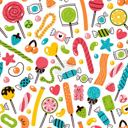 Illustration for Sweets seamless pattern. Candies, lollipops and gummies isolated on white background. Colorful sweets elements. Hand-drawn vector Illustration. - Royalty Free Image