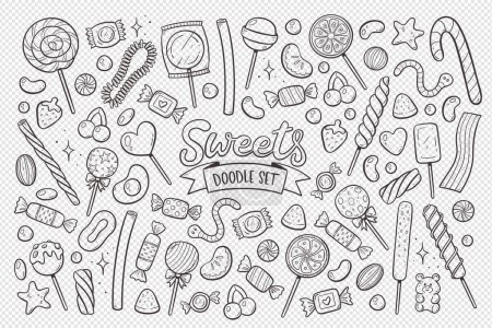 Illustration for Candies, lollipops and gummies isolated on transparent background. Doodle sweets elements. Hand-drawn clip arts. Vector Illustration. - Royalty Free Image