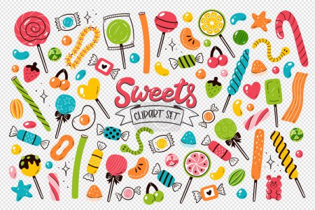 Illustration for Candies, lollipops and gummies isolated on transparent background. Colorful sweets elements. Hand-drawn clip arts. Vector Illustration. - Royalty Free Image