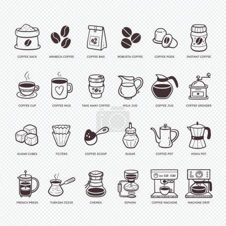 Handgezeichnete Kaffee-Ikonen, Kaffeemaschinen und wichtige Ressourcen. Verschiedene Arten, Kaffee zu kochen. Netter Doodle-Stil, perfekt für die Dekoration von Cafés, Cafés, Kaffeemenüs... Vektor-Illustration.