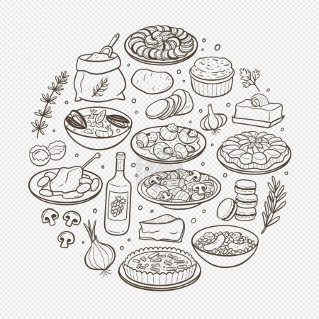 Handgezeichnete typisch französische Speiseteller und die am häufigsten verwendeten Zutaten der französischen Küche. Isolierte Gegenstände. Vektorillustration.