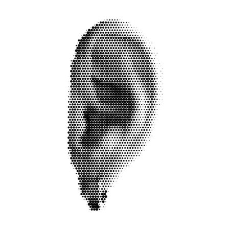 Halbtongepunktetes männliches Ohr mit Ohrring. Vector texturiertes Ohr für trendige Y2k Retro Collage
