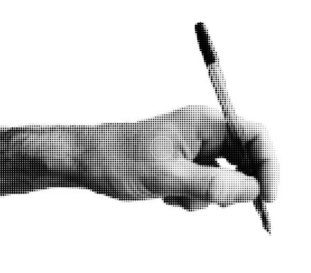Halftone dotted male writing hand with a pen. Vector textured male arm for trendy y2k retro collage