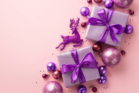 Christmas concept. Top view photo of lilac gift boxes with ribbon bows pink violet baubles reindeer ornament and confetti on isolated pastel pink background with empty space
