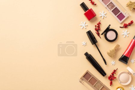 Photo for Top view photo of cosmetics red lip gloss nail polish mascara eyeshadow palettes mistletoe berries golden decorative clips and snowflakes on isolated beige background with copyspace - Royalty Free Image