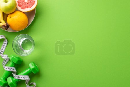 Photo for Slimming concept. Top view photo of plate with fruits apple bananas grapefruit glass of water dumbbells and tape measure on isolated green background with copyspace - Royalty Free Image
