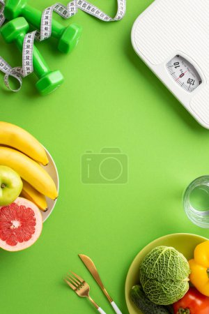 Photo for Proper nutrition concept. Top view vertical photo of pates with fruits and vegetables cutlery glass of water scales dumbbells and tape measure on isolated green background with copyspace - Royalty Free Image