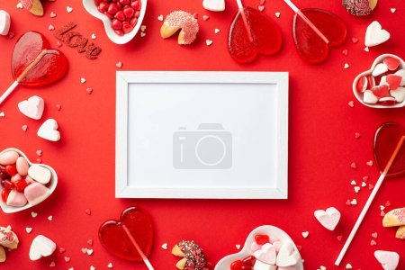 Valentine's Day concept. Top view photo of white photo frame and heart shaped saucers with sweets candies lollipops on isolated red background with copyspace