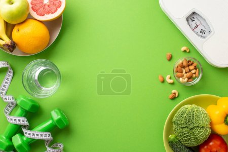 Photo for Weight loss concept. Top view photo of plates with fruits and vegetables nuts glass of water dumbbells tape measure and scales on isolated green background with empty space - Royalty Free Image