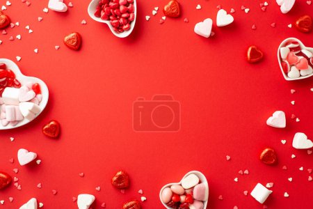 Photo for Valentine's Day concept. Top view photo of heart shaped saucers with confectionery chocolate jelly candies and confetti on isolated red background with empty space in the middle - Royalty Free Image
