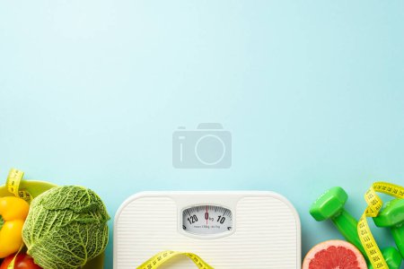 Photo for Slimming concept. Top view photo of scales vegetables fruits nuts almonds cashew and tape measure on isolated pastel blue background with empty space - Royalty Free Image