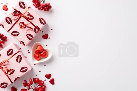 Photo for St Valentine's Day concept. Top view photo of gift boxes in wrapping paper with kiss lips pattern saucer with heart shaped candies and confetti on isolated white background with blank space - Royalty Free Image