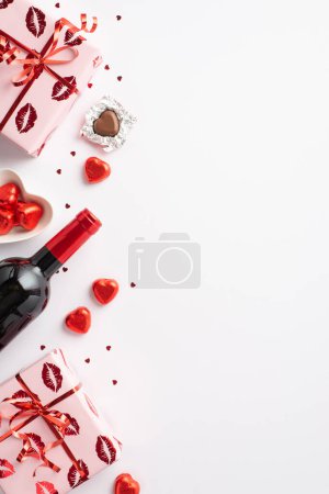 Photo for Valentine's Day concept. Top view vertical photo of gift boxes wine bottle saucer with heart shaped candies and confetti on isolated white background with copyspace - Royalty Free Image