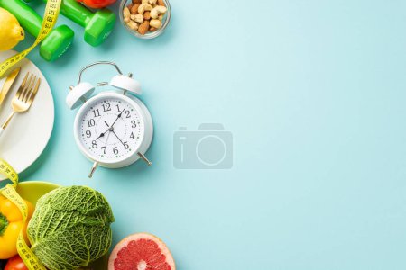 Photo for Proper diet concept. Top view photo of alarm clock plate cutlery cabbage pepper grapefruit dumbbells and tape measure on isolated pastel blue background with copyspace - Royalty Free Image