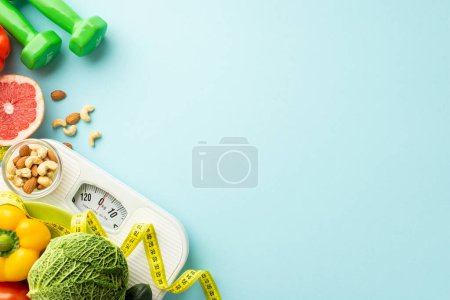 Photo for Weight loss concept. Top view photo of scales dumbbells vegetables fruits almonds cashew and tape measure on isolated pastel blue background with empty space - Royalty Free Image