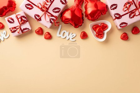 Photo for Valentine's Day concept. Top view photo of gift boxes in wrapping with kiss lips pattern heart shaped balloons plate candies and inscription love on isolated pastel beige background with copyspace - Royalty Free Image