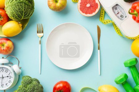 Photo for Proper nutrition concept. Top view photo of plate fork knife scales vegetables fruits alarm clock dumbbells and tape measure on isolated pastel blue background with empty space - Royalty Free Image