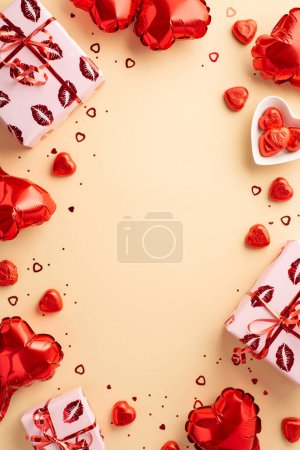 Photo for Valentine's Day concept. Top view vertical photo of gift boxes in wrapping with kiss lips pattern heart shaped balloons candies confetti on isolated light beige background with copyspace in the middle - Royalty Free Image