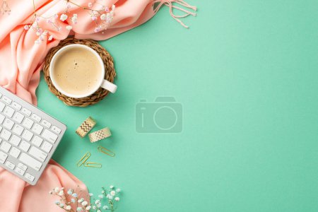Business concept. Top view photo of keyboard cup of fresh coffee on rattan serving mat golden clips adhesive tape gypsophila flowers and pink plaid on isolated turquoise background with empty space