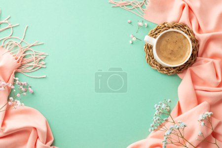 Foto de Hello spring concept. Top view photo of cup of fresh coffee on wicker placemat gypsophila flowers and pink scarf on isolated turquoise background with blank space - Imagen libre de derechos