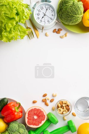 Photo for Proper diet concept. Top view vertical photo of plates with vegetables fruits nuts cutlery glass of water alarm clock and dumbbells on isolated white background with copyspace - Royalty Free Image