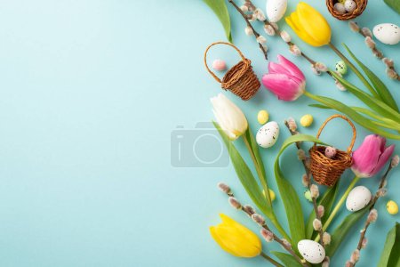 Easter concept. Top view photo of tiny baskets with eggs pussy willow pink yellow and white tulips on isolated pastel blue background with blank space