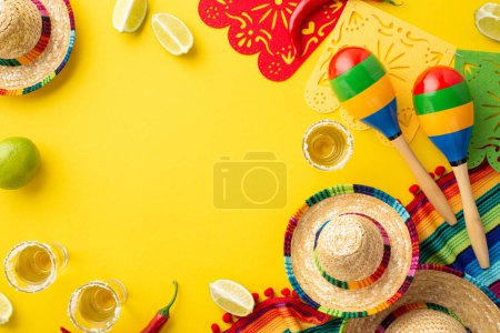 Téléchargez les photos : Concept de fête nationale mexicaine. Vue du dessus photo de tequila avec sel citron vert sombrero coloré guirlande de poncho rayé et maracas sur fond jaune vif isolé avec espace vide - en image libre de droit