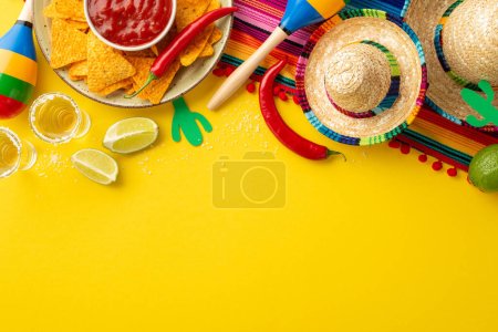 Photo for Cinco-de-mayo concept. Top view photo of tequila salt sliced lime dish with nacho chips salsa sauce hot pepper sombrero serape cactus silhouettes maracas on isolated yellow background with copyspace - Royalty Free Image