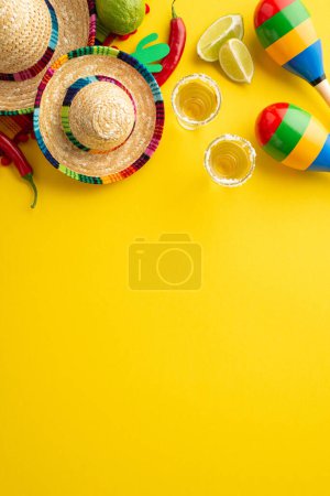 Cinco-de-mayo concept. Top view vertical photo of glasses of tequila with salt and lime hot pepper sombrero hats two maracas and cactus silhouette on isolated vivid yellow background with empty space