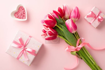 Concept de fête des mères. Photo de vue du dessus du bouquet de tulipes roses attachées avec des boîtes-cadeaux de ruban avec des arcs et une soucoupe en forme de coeur avec des aspersions sur fond rose pastel isolé