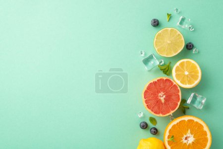 Summer citrus paradise concept. Top view of refreshing orange, lemon, lime and grapefruit on turquoise background with empty space for advert or logo