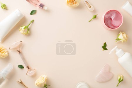 Elevate your skincare routine with this trendy concept featuring a flat lay top view of massage face rollers and cream bottles surrounded by stunning rose flowers on a pastel beige background