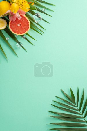 Photo for Juicy summer fruit concept. Top vertical view flat lay of bright alstroemeria with tangy orange slices, grapefruit, and lemon with exotic palm leaves on pastel teal background with blank area for text - Royalty Free Image