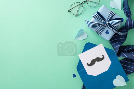 Elegantemente moderno concepto del Día del Padre. Foto aérea de postal con bigotes, caja de regalo, corbata, gafas y accesorios sobre un fondo verde azulado con un espacio vacío para el texto