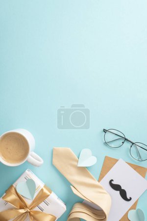 Photo for Surprise Dad with a sleek Father's Day. Overhead vertical view of necktie, glasses, postal with mustaches, giftbox, envelope, coffee mug, men's accessories on pastel blue background a space for text - Royalty Free Image