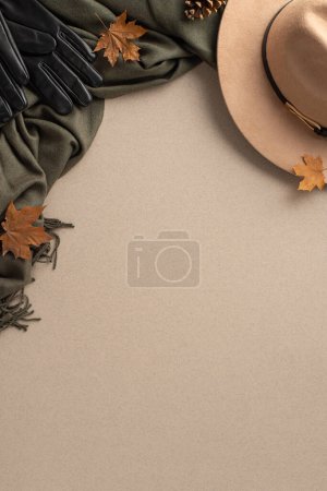 Téléchargez les photos : Concept élégant d'ensemble d'automne. Vue verticale du haut du chapeau à bord, gants en cuir, élégante écharpe grise, feuilles d'érable, cône de pin créativement affiché sur fond beige, offrant un espace pour le texte ou la promo - en image libre de droit