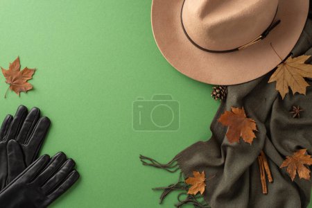 Téléchargez les photos : Chic automne essentiels de la mode. Vue de dessus avec un chapeau en feutre à la mode, une écharpe chaude, des gants à la mode sur fond isolé vert foncé. Idéal pour mettre en valeur votre marque - en image libre de droit