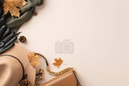 Téléchargez les photos : Vêtements tendance et chauds pour la saison d'automne concept. Photo de vue du dessus du sac à main brun et chapeau en feutre, gants noirs et écharpe avec feuilles d'érable sur fond isolé blanc avec espace de copie pour le texte ou la publicité - en image libre de droit