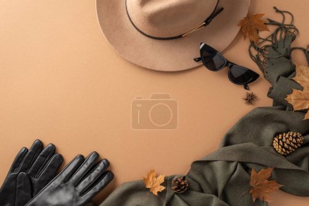 Téléchargez les photos : Inspiration de mode classique d'automne. Chapeau en feutre, gants souples en cuir, lunettes de soleil tendance, écharpe élégante, feuilles d'érable, anis étoilé, cônes sur fond beige avec espace pour le texte ou l'annonce - en image libre de droit