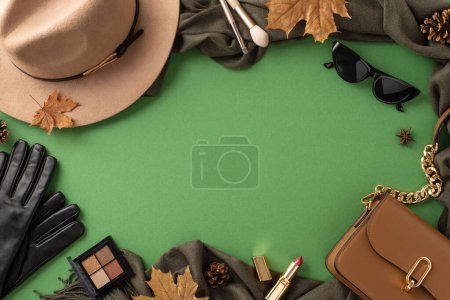 Téléchargez les photos : Accessoires d'automne tendance. Vue de dessus avec un chapeau en feutre à la mode, une écharpe confortable, des gants élégants, des lunettes de soleil et un sac à main sur fond vert. Parfait pour les campagnes publicitaires - en image libre de droit