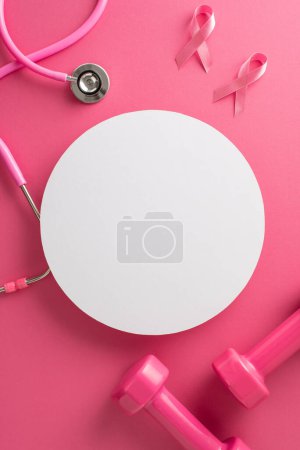 Photo for Proactive breast cancer awareness theme. Top view vertical shot of pink ribbon emblems, stethoscope, dumbbells on pink backdrop. Circular space for text or promotion - Royalty Free Image