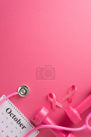 Photo for Breast cancer survivor support. Vertical top view photo of doctor's tool, stethoscope, calendar with October month, pink ribbons, couple of dumbbells on pink background with space for advert or text - Royalty Free Image