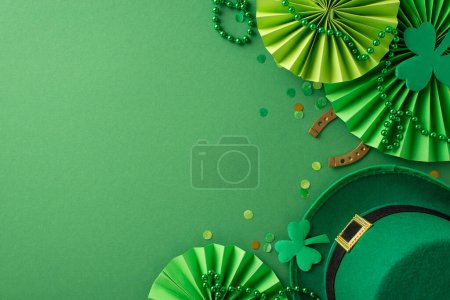 Photo for Captivating Saint Patrick's Day top view composition: leprechaun's hat, lucky horseshoe, festive fans, trefoils, confetti, beads necklace set on lively green backdrop, offering space for text or promo - Royalty Free Image