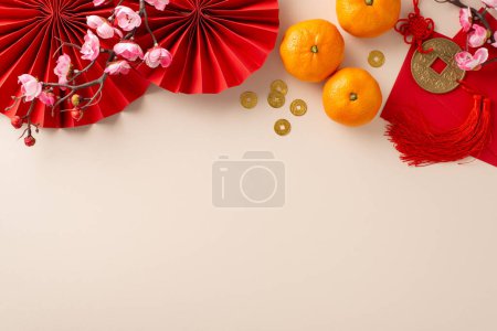 Photo for CNY traditional decorations. Top view of hanging knot, vibrant red fans, money envelopes, fortune coins, tangerines, flowers on festive, auspicious background with space for greetings or event details - Royalty Free Image